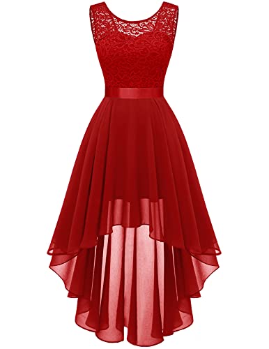 Berylove Damen Spitzenkleid Elegant Vokuhila Cocktailkleid Ärmellos Abendkleid Chiffon Brautjungfer Kleid BLP7035 Red M von Berylove