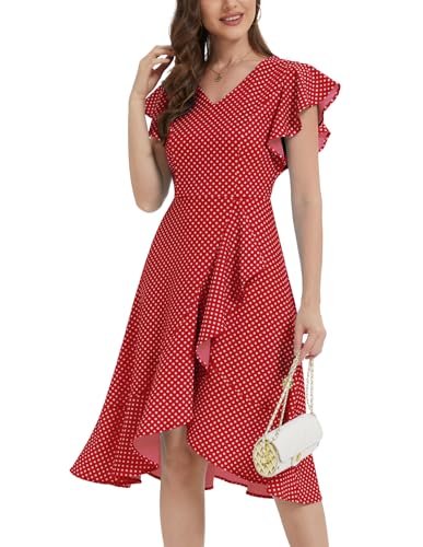 Berylove Damen Vintage 50er Rotes Polka Dots Fledermausärmel Rüschensaum Rockabilly Abendkleider BLP7059 RedSmallWhiteDot 3XL von Berylove