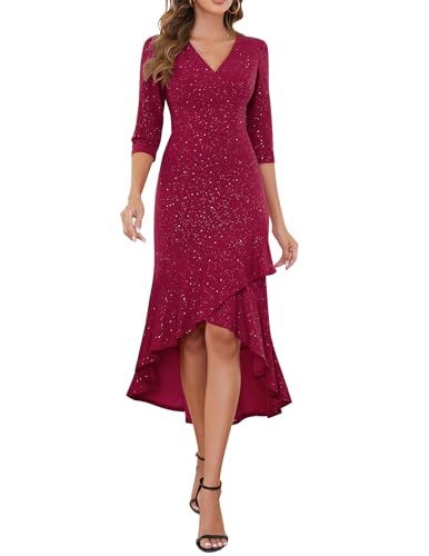 Berylove Fischschwanzkleid Abendkleider Lang Glitzer Kleid Ballkleid Lang Damen Cocktailkleid Vorne Kurz Hinten Lang Bodycon Kleid Damen Glitzer BLP7065 Rose XL von Berylove