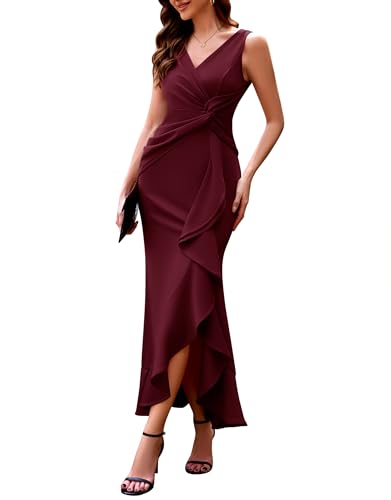 Berylove Formelles Hochzeitskleid, Abendkleid, Midi-Rüschenkleid, Cocktailkleid, elegantes Kleid, burgunderfarben, S von Berylove
