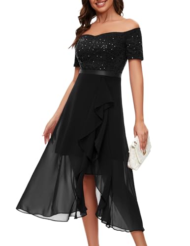 Berylove Glitzer Kleid Damen Abendkleid Elegant Ballkleider Damen Lang Abschlussballkleid Lang Hochzeitsgast Kleid Langes Schwarzes Kleid Vokuhila BLP7085 Black M von Berylove