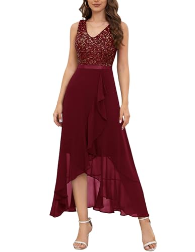 Berylove Glitzer Kleid Damen Lange Abendkleider Cocktailkleid Damen Elegant für Hochzeit Kleid Damen Elegant BLS0015 Burgundy M von Berylove