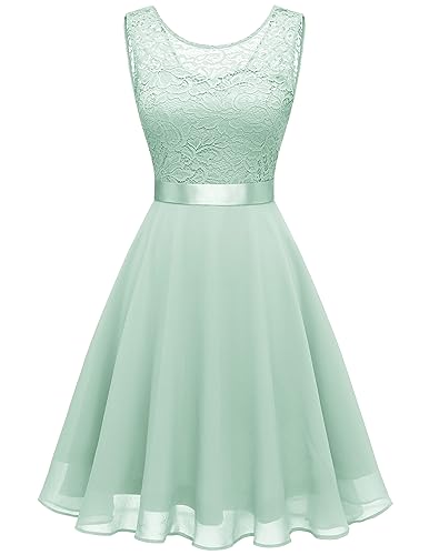 Berylove Kleid Damen Spitzenkleid Brautjungfer Jugendweihe Kleid Kleider Damen Festlich Elegant Ballkleid Kurz Konfirmationskleider BLP7005NC Light Green S von Berylove