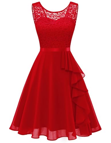 Berylove Kleid Jugendweihe Kleider Abschlussballkleid Kleider Festlich Cocktailkleider Für Damen Spitzenkleid Abendkleid Kurz Brautjungfer 7052 Red M von Berylove