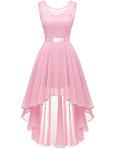 Berylove Kleider Damen Lang Spitzenkleid Elegant Vokuhila Cocktailkleid Ärmellos Abendkleid Chiffon Brautjungfer Kleid Brautmode Standesamt BLP7035 Pink XL von Berylove