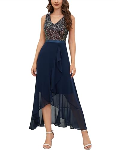 Berylove Langes Abendkleid Damen Kleid Hochzeitsgast Ballkleid Lang Party Kleider Brautkleider Hochzeitskleider BLS0015 Navy 2XL von Berylove