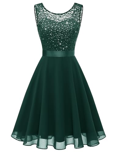 Berylove Pailletten Kleid Kurz Altrosa Kleid Hochzeit Kleid für Hochzeit Als Gast Ballkleid Blau Cocktailkleid Spitze Damen BLP7005XP DarkGreen XXXL von Berylove