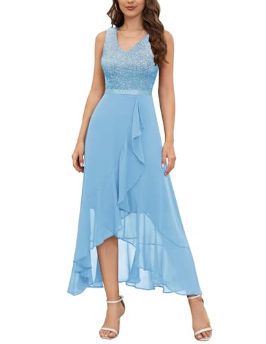 Berylove Paillettenkleid Abendkleid Übergröße Abendkleid Glitzer Kleid Damen Elegant Abschlusskleid Vorne Kurz Hinten Lang BLS0015 Lightblue 2XL von Berylove