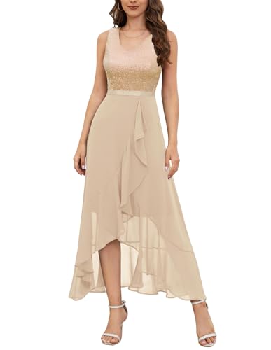 Berylove Party Kleid Lange Elegante Abendkleider für Hochzeiten Abendkleid Damen Kleid Damen Elegant Gold Vorne Kurz Hinten Lang BLS0015 Champagne L von Berylove