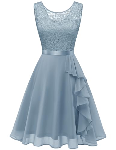 Berylove Sommerkleid Damen Abendkleid Kurz Kleid mit Rüschensaum Ärmellos Kleid Damen Elegant Cocktailkleid Damen Elegant A Linien Kleid 7052NC Grey Blue 3XL von Berylove