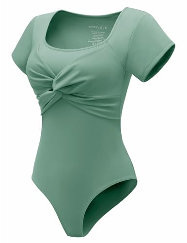 Berylove Square Neck Bodysuit Body Damen Shapewear Dupe T-Shirt Kurzarm BLBS002 Sage XL von Berylove