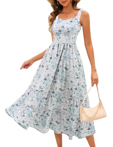 Damenkleid 2025, Blumenmuster, Boho-Kleid, lässig, Rüschen, Urlaubskleid, Aquarell, Blau, Blumenmuster, XL von Berylove