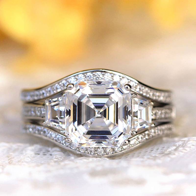 Asscher Curve Drei Ring Braut Set - Art Deco Hochzeits Schmuck Einzigartiges Verlobungsring Silber Geschenke [Br6917-3C] von BesbelleJewels