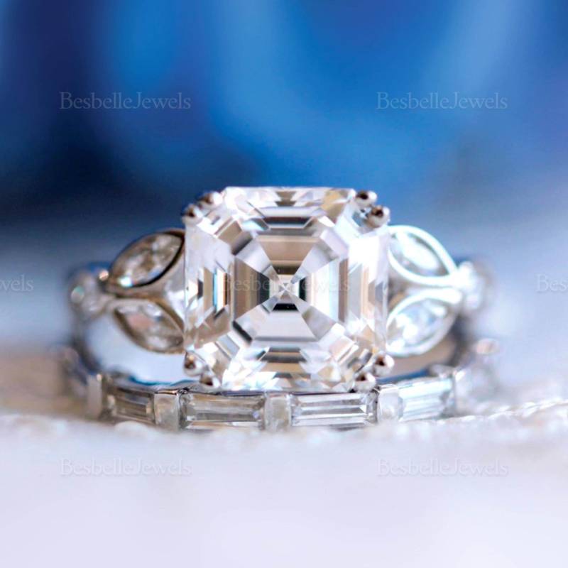 Asscher Cut Art Deco Braut Ring Set - Vintage Stil Doppelring Zierliche Eheringe Geschenk Für Sie [Br3214-2B] von BesbelleJewels
