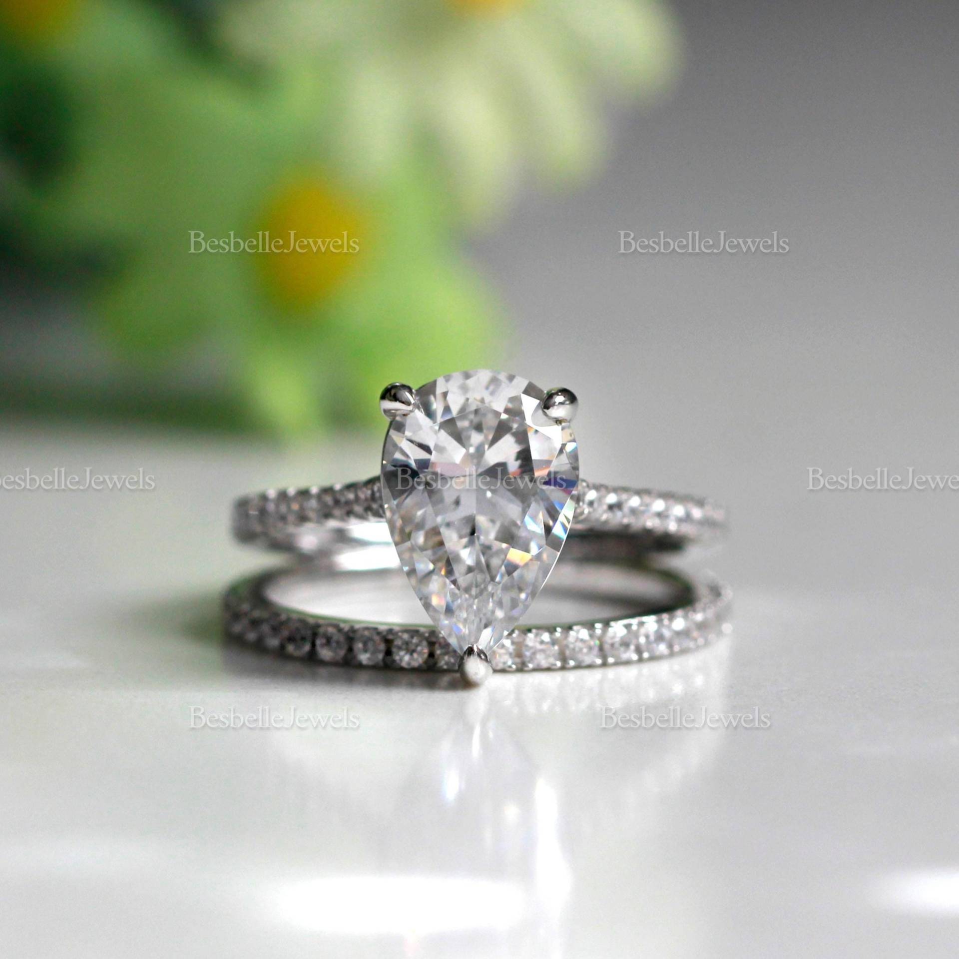 Birnbaumförmiges Brautring-Set Ring - Birnenschliff Verlobungsring Mit Ganz Oder Halb Ehering Zierliche Brautschmuck Ringset [Br9754-2] von BesbelleJewels