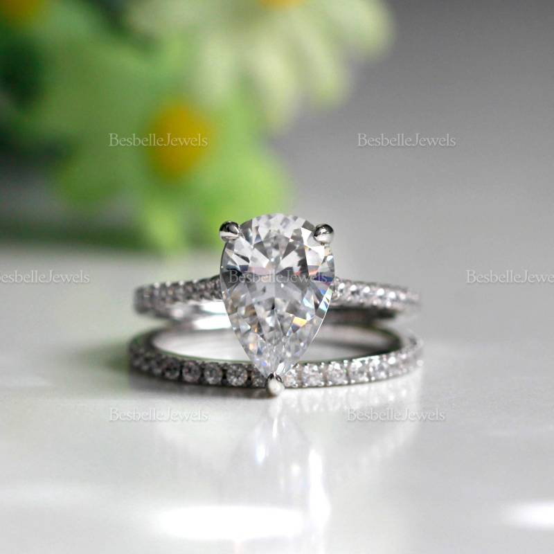Birnbaumförmiges Brautring-Set Ring - Birnenschliff Verlobungsring Mit Ganz Oder Halb Ehering Zierliche Brautschmuck Ringset [Br9754-2] von BesbelleJewels