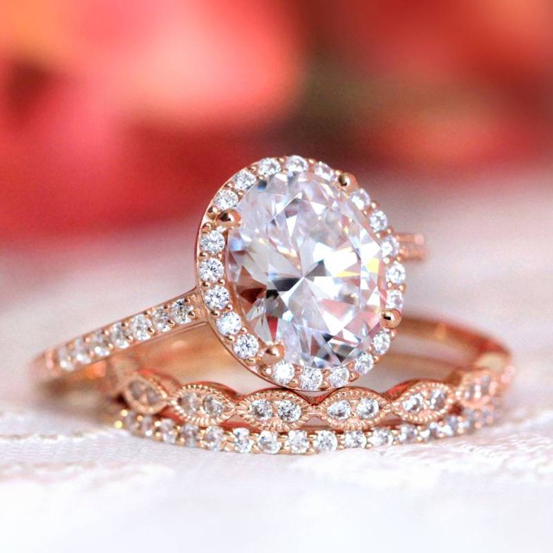 Großer Ovaler Dreifach Braut Ring - Art Deco Stapel Ovalschliff Verlobungsring Mix & Match Roségold Ehering Set | 3052-3Pxr von BesbelleJewels