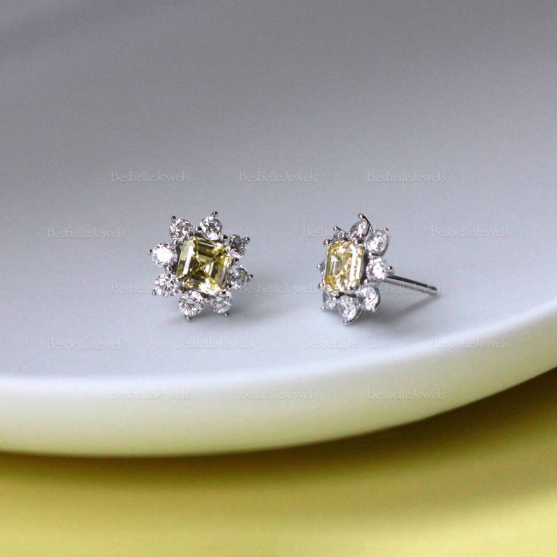 Kräftige Gelbe Asscher Halo Ohrstecker/Cut Lab Made Cz Blumen Ohrringe Elegante Cluster Geschenk Für Sie | 8067E von BesbelleJewels