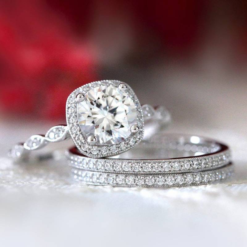 Milgrain Art Deco Brauts Set Verlobungsring - Ewigkeit Ehering Zierliche Schichtring Jahrestag Geschenke Für Sie | 6053-3Mr von BesbelleJewels