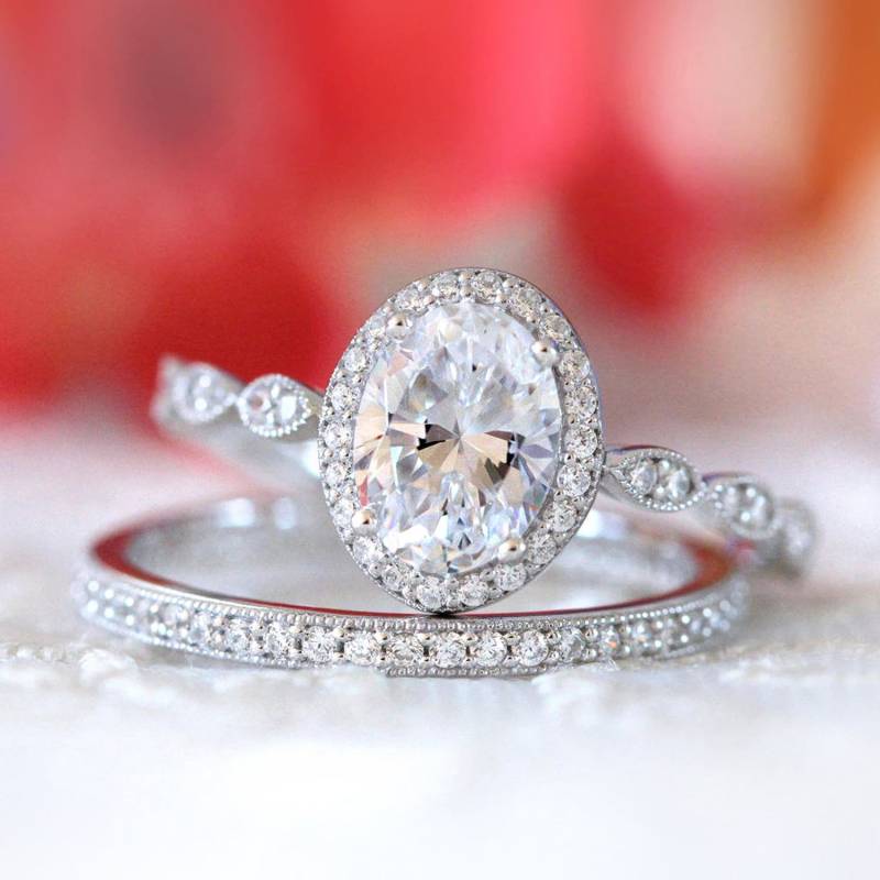 Ovales Milgrain Art Deco Ringset - Hochzeit Verlobungsring Set Hochzeitsring Reisering | 5953-2Mr von BesbelleJewels