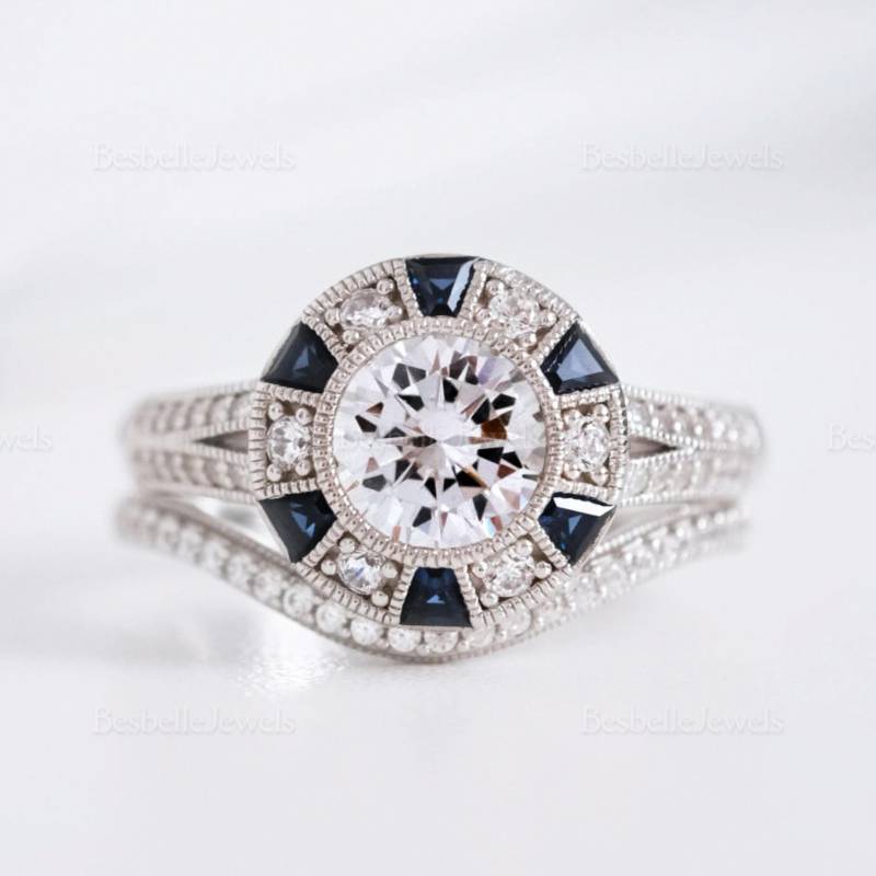 Blau Braut Ring Set - Art Deco Mix Farbe Halo Verlobungsring Zierliche Hochzeit | 6853-2Cr von BesbelleJewels
