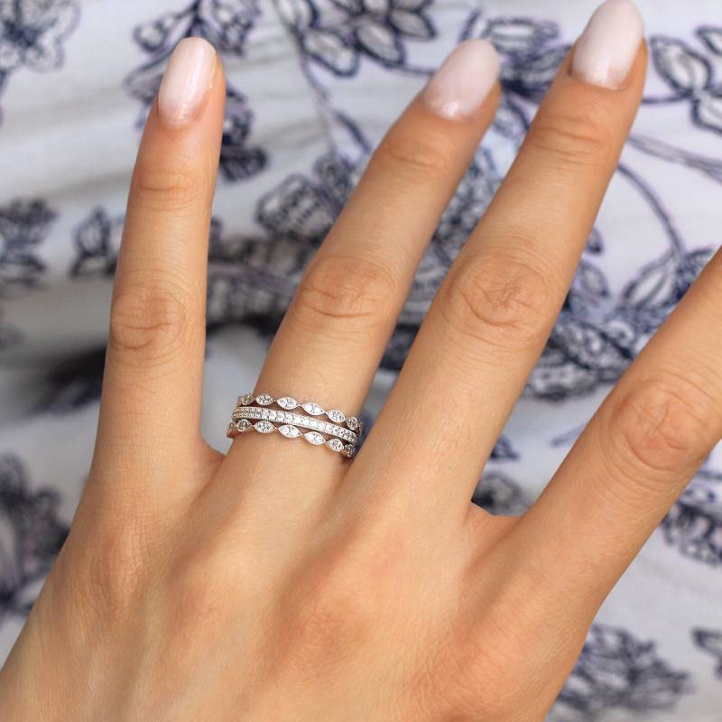 Stapelbare Ringe Im Art Deco Stil - Dreiteiliges Milgrain Memoire Ring Set Pave Band Passende | 0854E-3Ar von BesbelleJewels