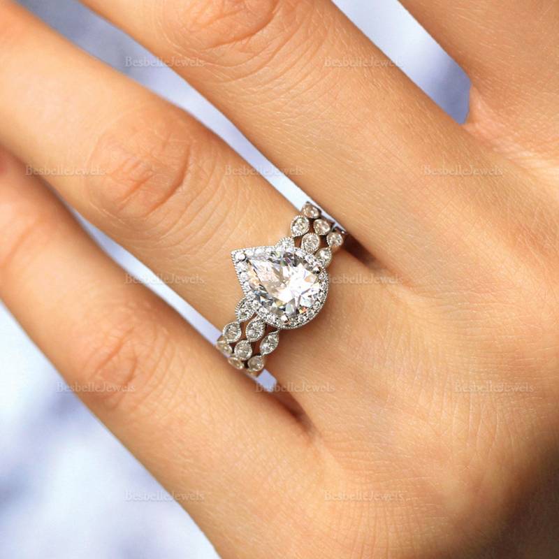 Pear Cut Stapelbares Ringset - Art Deco Brautring Hochzeitsring Schmuckset Einzigartiger Vintage-Hochzeitsring | 6253-3R von BesbelleJewels
