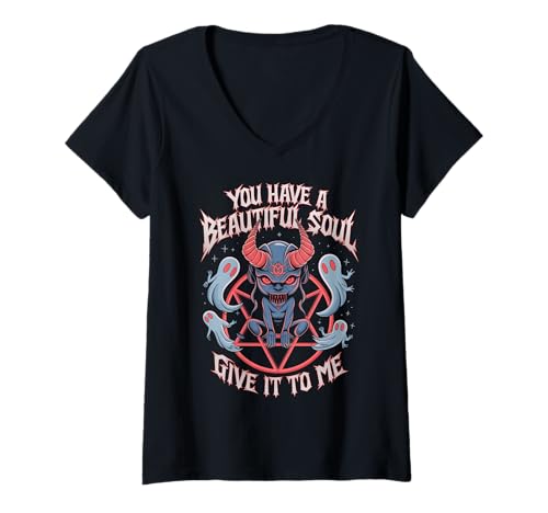 Damen Dämonen Okkultes Seelenritual Lustig T-Shirt mit V-Ausschnitt von Beschwörung einer satanischen Hexe als Geschenk
