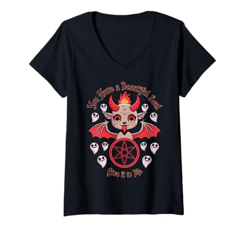 Damen Süße Dämonen Ziege Okkultes Seelenritual Lustig T-Shirt mit V-Ausschnitt von Beschwörung einer satanischen Hexe als Geschenk