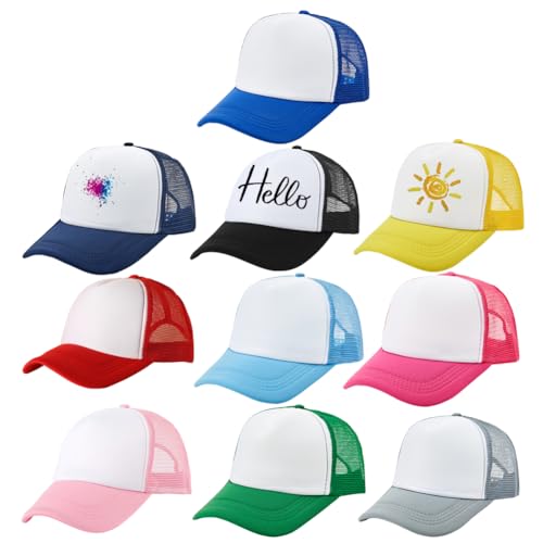 Besforta 10 Stück Kinder Sublimations-Trucker-Mütze, Netzgewebe, verstellbar, blanko, einfarbig, Baseballkappen für Heimwerker, Mehrfarbig, Einheitsgröße von Besforta