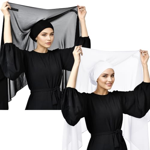 Besforta 2 x Chiffon-Hijab für Damen, mit eingebautem Magnet und eingenähter Unterkappe, Chiffon-Kopfwickel unter Schal, Schwarz und Weiß, Einheitsgröße von Besforta