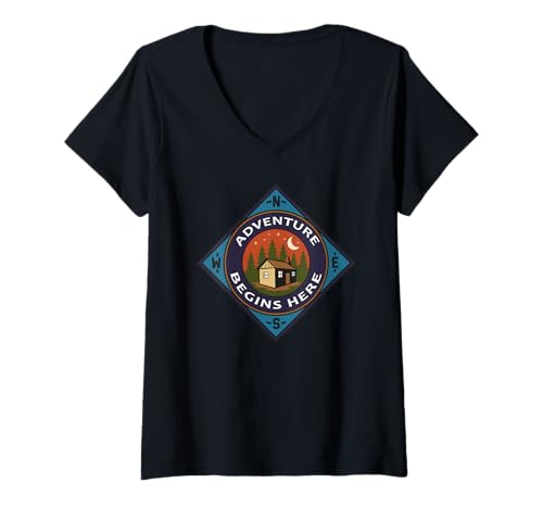 Damen Das Abenteuer beginnt Hier - Haus im Wald T-Shirt mit V-Ausschnitt Damen Das Abenteuer beginnt Hier - Haus im Wald T-Shirt mit V-Ausschnitt von Besitz im Freien