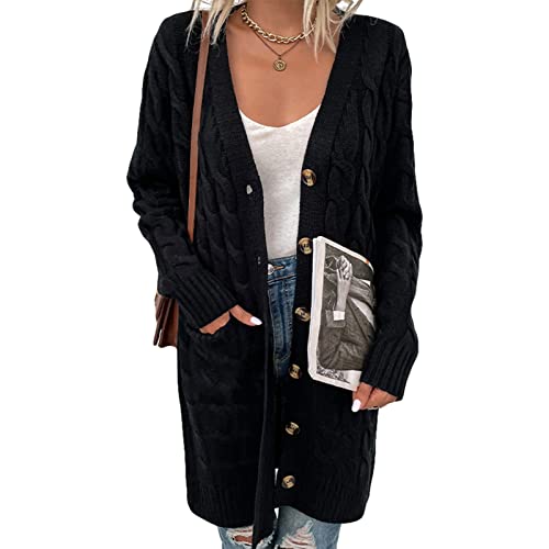 Beskie Damen Langarm Strickjacken Sweater Open Front Kimono Strickwaren Lose Strickcardigan mit Taschen, Schwarz , L von Beskie