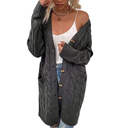 Beskie Damen Langarm Strickjacken Sweater Open Front Kimono Strickwaren Lose Strickcardigan mit Taschen, dunkelgrau, L von Beskie