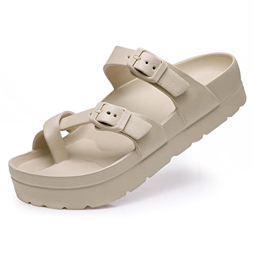 Beslip Plattform Sandalen Damen mit Arch Support Komfortable Schaumstoff Rutschen Leichte Dicke Sohlen Verstellbare Schnalle Ultra Cushion,Beige Frauen Größe 40 EU von Beslip