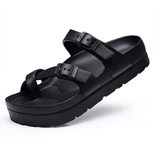 Beslip Plattform Sandalen Damen mit Arch Support Komfortable Schaumstoff Rutschen Leichte Dicke Sohlen Verstellbare Schnalle Ultra Cushion,Schwarz Frauen Größe 40 EU von Beslip
