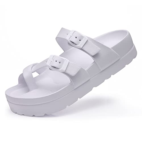 Beslip Plattform Sandalen Damen mit Arch Support Komfortable Schaumstoff Rutschen Leichte Dicke Sohlen Verstellbare Schnalle Ultra Cushion,Weiß Frauen Größe 39 EU von Beslip