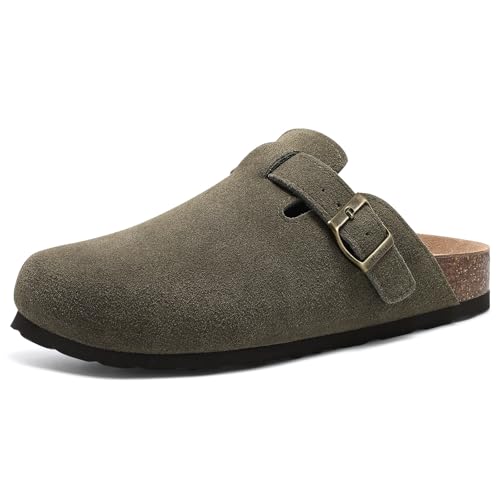 Beslip Wildleder Clog für Damen Weiches Kork Fußbett Leder Pantoletten Komfort Kartoffel Schuhe mit Arch Support, Armeegrün Frauen Größe 40 EU von Beslip