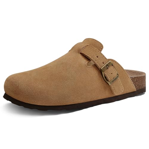 Beslip Wildleder Clog für Damen Weiches Kork Fußbett Leder Pantoletten Komfort Kartoffel Schuhe mit Arch Support, Braun Frauen Größe 39 EU von Beslip