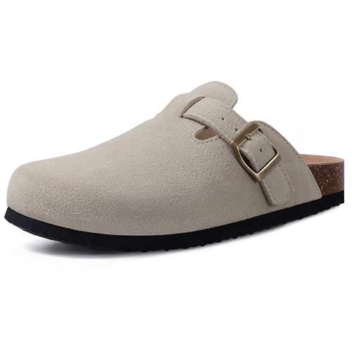 Beslip Wildleder Clog für Damen Weiches Kork Fußbett Leder Pantoletten Komfort Kartoffel Schuhe mit Arch Support, Grau Frauen Größe 44 EU von Beslip