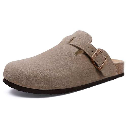 Beslip Wildleder Clog für Damen Weiches Kork Fußbett Leder Pantoletten Komfort Kartoffel Schuhe mit Arch Support, Mokka Frauen Größe 43 EU von Beslip