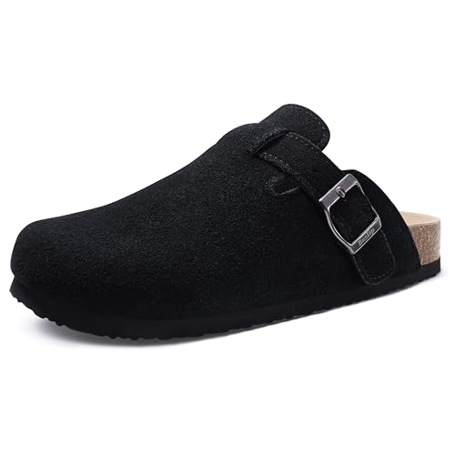 Beslip Wildleder Clog für Damen Weiches Kork Fußbett Leder Pantoletten Komfort Kartoffel Schuhe mit Arch Support, Schwarz Frauen Größe 38 EU von Beslip