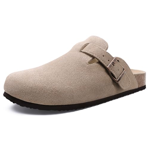 Beslip Wildleder Clog für Damen Weiches Kork Fußbett Leder Pantoletten Komfort Kartoffel Schuhe mit Arch Support, Taupe Frauen Größe 38 EU von Beslip