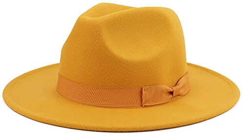 Besoogii Klassischer Fedora-Hut mit breiter Krempe und Gürtelschnalle aus Filz, Panamahut, Schleife-Gelb, Einheitsgröße von Besoogii