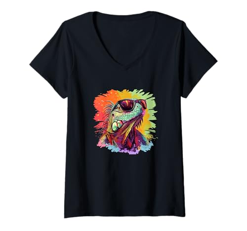 Damen Buntes Reptilienkostüm mit kräftigen Farbtönen T-Shirt mit V-Ausschnitt Damen Buntes Reptilienkostüm mit kräftigen Farbtönen T-Shirt mit V-Ausschnitt von Bespectacled Lizard