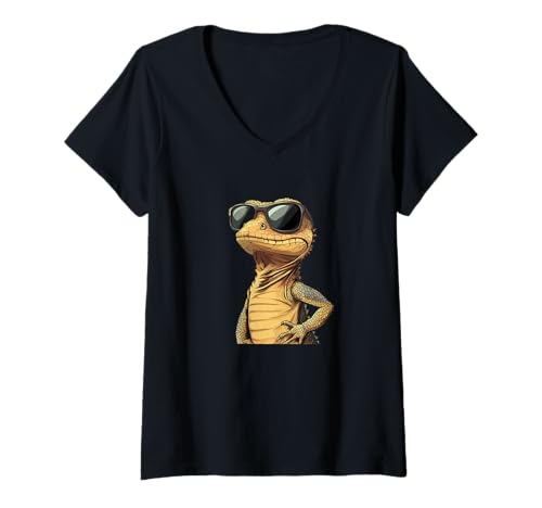 Damen Lässiges Reptilienkostüm mit Cooler Sonnenbrille T-Shirt mit V-Ausschnitt Damen Lässiges Reptilienkostüm mit Cooler Sonnenbrille T-Shirt mit V-Ausschnitt von Bespectacled Lizard