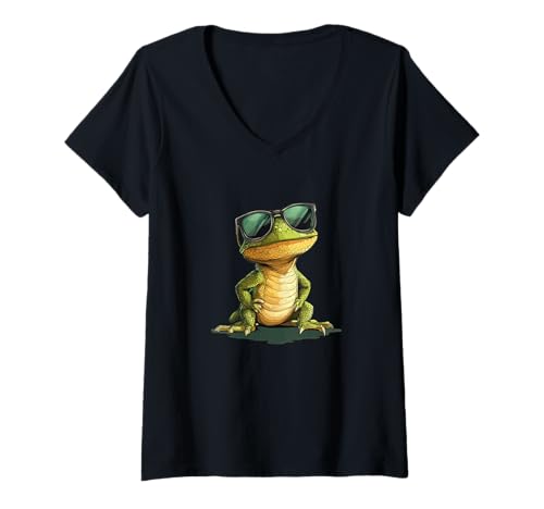 Damen Niedliches Reptiliengesicht mit kräftigen Farbtönen T-Shirt mit V-Ausschnitt Damen Niedliches Reptiliengesicht mit kräftigen Farbtönen T-Shirt mit V-Ausschnitt von Bespectacled Lizard