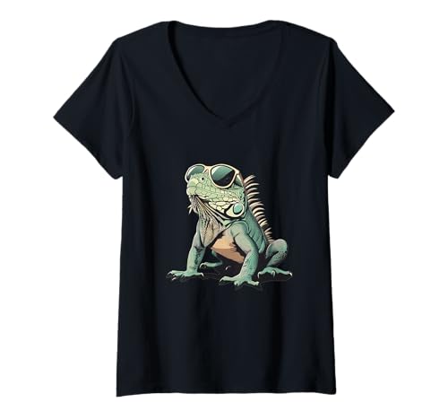 Damen Schöner Leguan mit kräftigen Farbtönen für Eidechsen und Reptilienliebhaber T-Shirt mit V-Ausschnitt Damen Schöner Leguan mit kräftigen Farbtönen für Eidechsen und Reptilienliebhaber T-Shirt mit V-Ausschnitt von Bespectacled Lizard