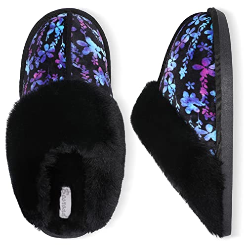 Besroad Winter Fuzzy Hausschuhe Sandalen Plüsch Kunstfell Flauschige Flache Hausschuhe Warme Slide Schuhe für Damen, Blume/Schwarz, 6-7 von Besroad