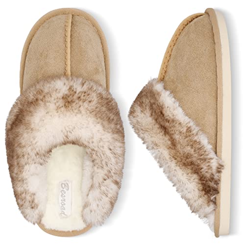 Besroad Winter Fuzzy Hausschuhe Sandalen Plüsch Kunstfell Flauschige Flache Hausschuhe Warme Slide Schuhe für Damen, Braun, 10-11 von Besroad